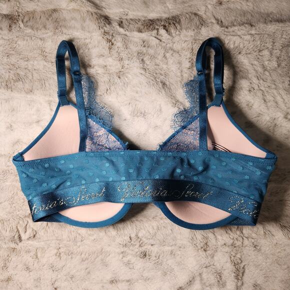 NWOT Victoria's Secret Blue Lace Front Close T-Shirt Lightly Lined Demi Bra 32D - Picture 2 of 5